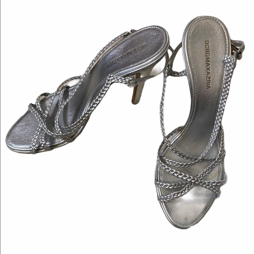 BCBG Women Silver Braided Straps High Heel Sandals